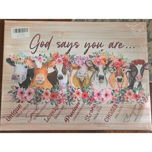 God Says You Are Cow Floral Canvas Wall Art 12 x 18" Farmhouse Decor